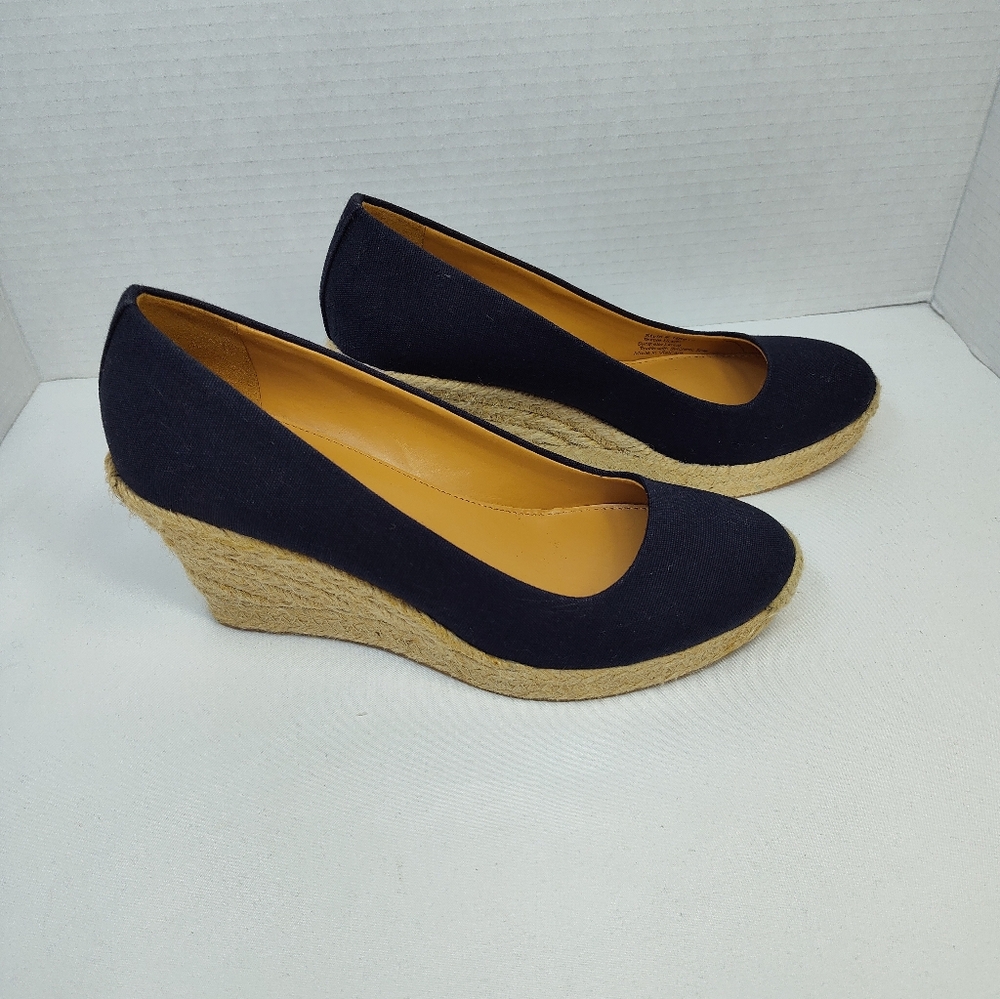 J CREW Women's Black Canvas Espadrille Wedge Shoes 3" Heel, Size 6.5 *